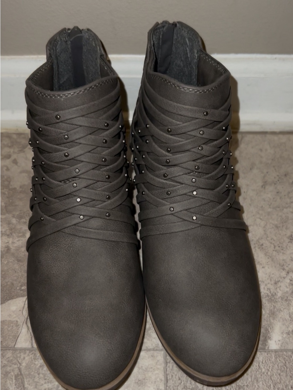 Studded Wrap Ankle Boots - Gray